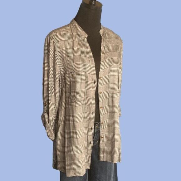 NWT Zara Plaid Open Neck Blouse with Pockets - Picture 3 of 11